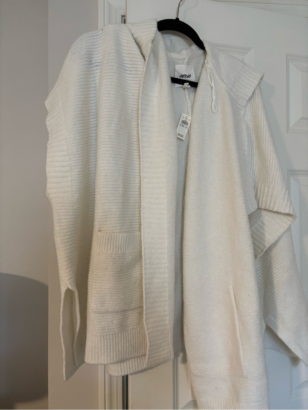 aerie Cream Hooded Open-Front Knit Cardigan